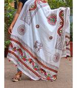 Kutch Embroidered Real Mirror Work White Colored Cotton Dupatta With Dandiya Players Printed