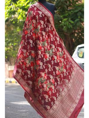Coke Colored With Golden Thread Worked Weaved Designer Dupatta 1