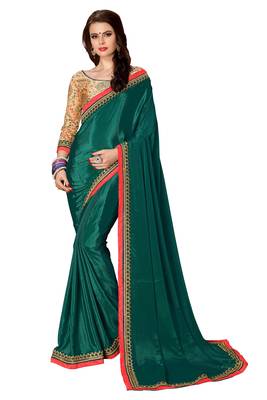 Green plain fancy fabric saree with blouse 1