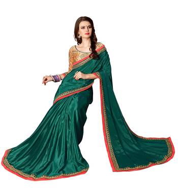 Green plain fancy fabric saree with blouse 2