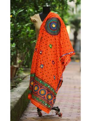 Orange Coloured Bandhani Pattern With Foil Mirror Worked Designer Dupatta 1