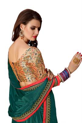 Green plain fancy fabric saree with blouse 3
