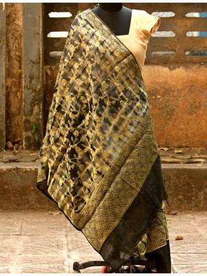 Grey And Golden Colored Banarsi Silk Weaved Dupatta 1