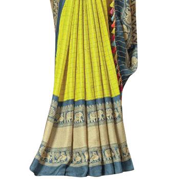 Yellow printed cotton saree with blouse 3