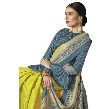 Yellow printed cotton saree with blouse 4