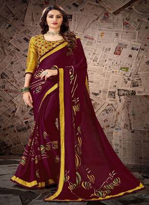 Wine printed satin saree with blouse 1
