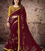 Wine printed satin saree with blouse