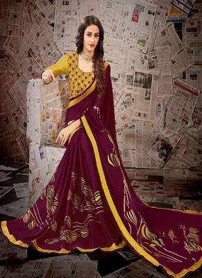 Wine printed satin saree with blouse 2