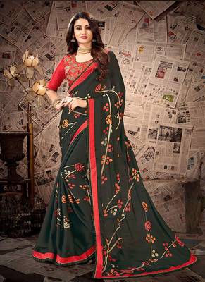 Dark teal printed satin saree with blouse 1