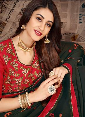 Dark teal printed satin saree with blouse 2