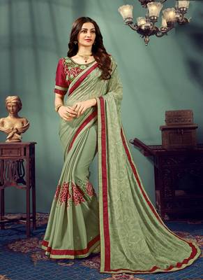 Light green printed chiffon saree with blouse 1