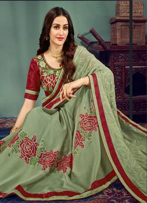 Light green printed chiffon saree with blouse 2
