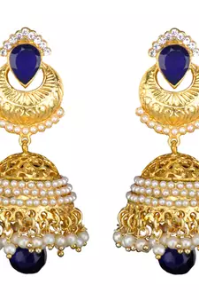 Ethnic Indian Bollywood Jewelry Set Golden Pearl Polki Jhumka Earrings Set
