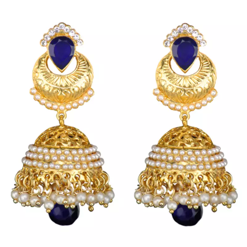 Ethnic Indian Bollywood Jewelry Set Golden Pearl Polki Jhumka Earrings Set