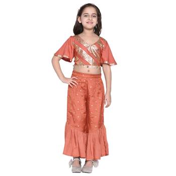 Brown Printed Cotton Kids Top With Palazzo 1