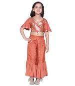 Brown Printed Cotton Kids Top With Palazzo