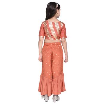 Brown Printed Cotton Kids Top With Palazzo 3