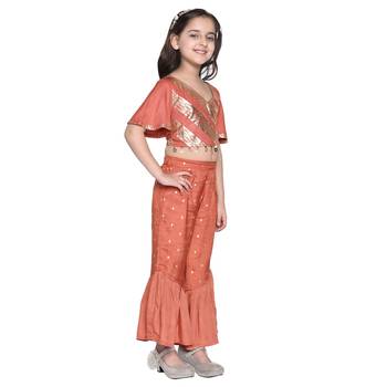 Brown Printed Cotton Kids Top With Palazzo 4