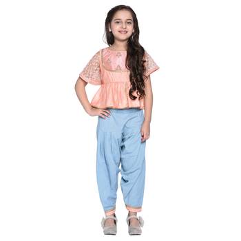 Blue Printed Cotton Kids Top With Bottom 1