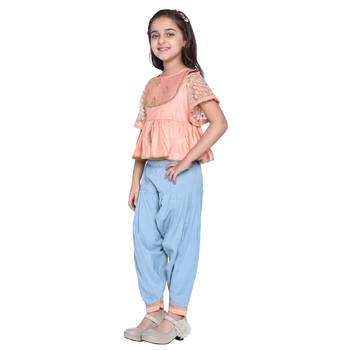 Blue Printed Cotton Kids Top With Bottom 2
