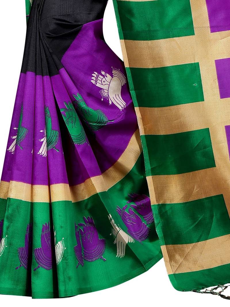 Black Printed Art Silk Saree With Blouse