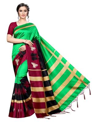 Green Printed Art Silk Saree With Blouse 1