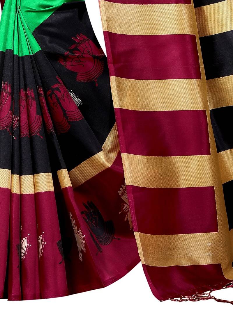 Green Printed Art Silk Saree With Blouse