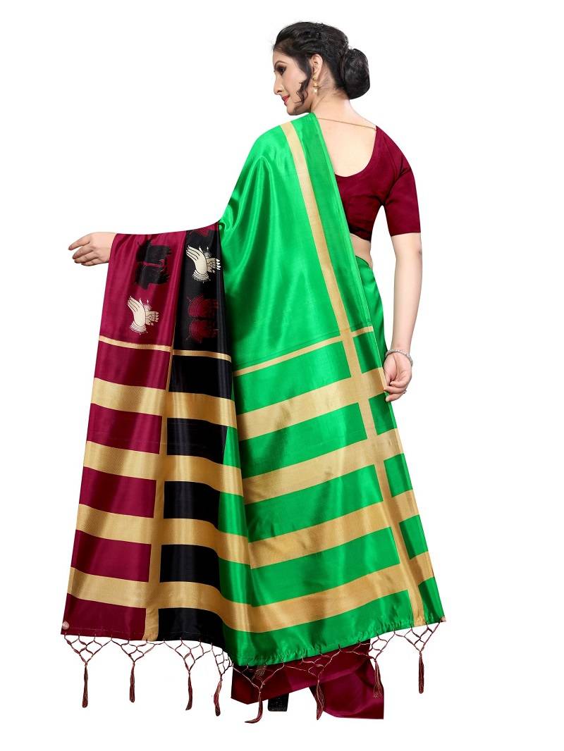 Green Printed Art Silk Saree With Blouse