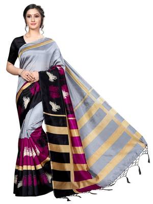 Grey Printed Art Silk Saree With Blouse 1