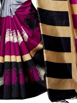 Grey Printed Art Silk Saree With Blouse 2