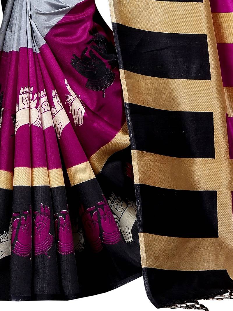 Grey Printed Art Silk Saree With Blouse