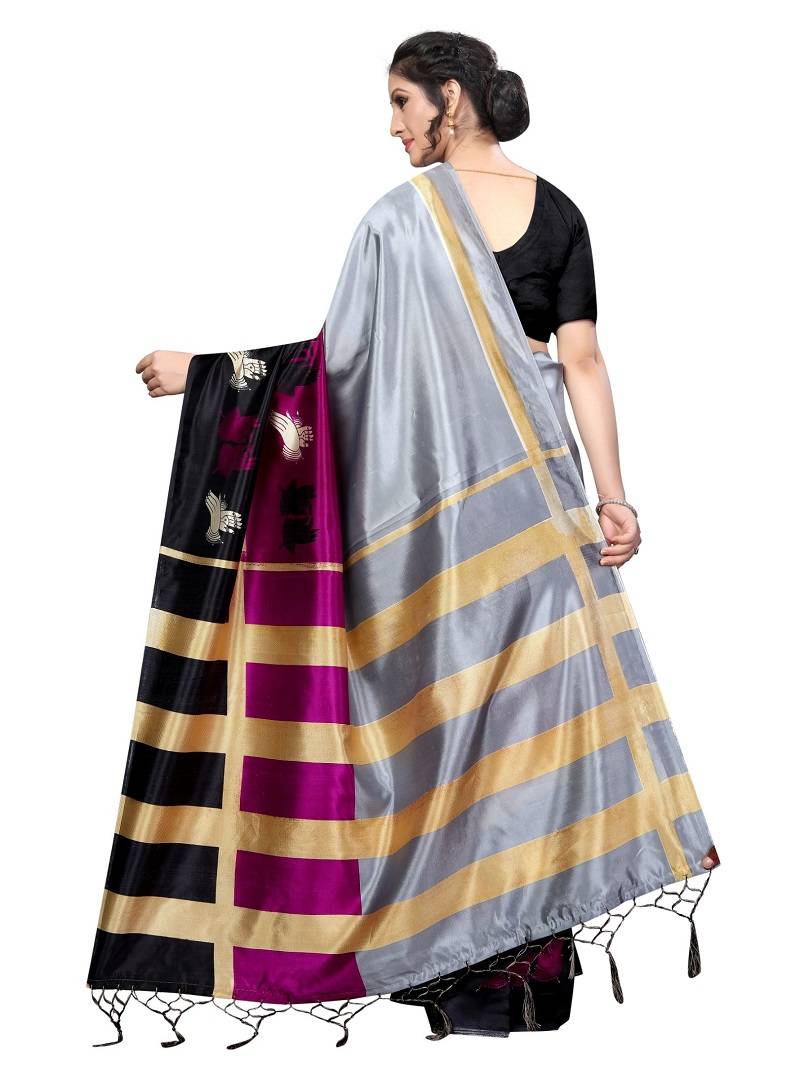 Grey Printed Art Silk Saree With Blouse