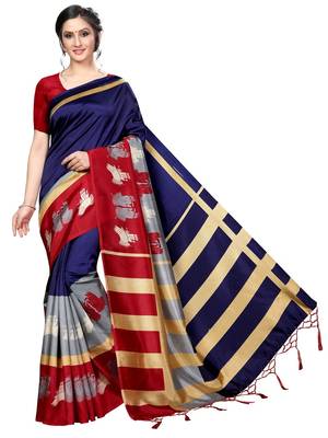 Navy Printed Art Silk Saree With Blouse 1
