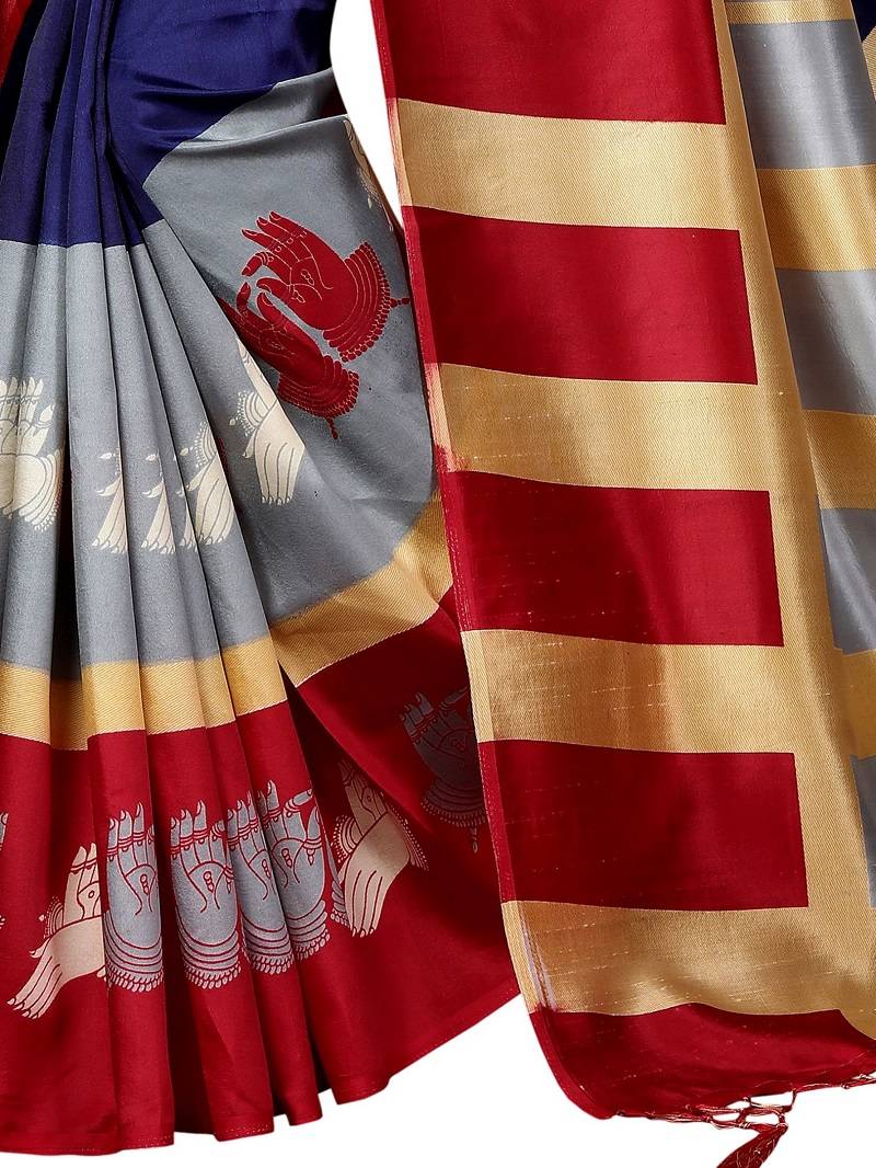 Navy Printed Art Silk Saree With Blouse