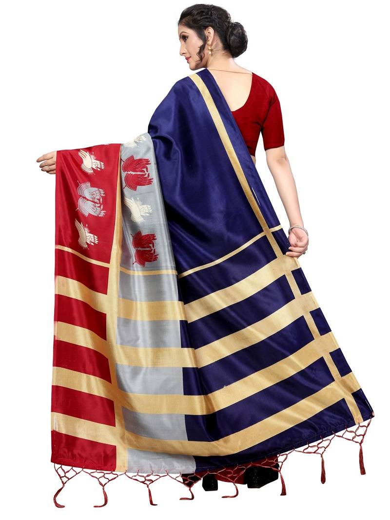 Navy Printed Art Silk Saree With Blouse