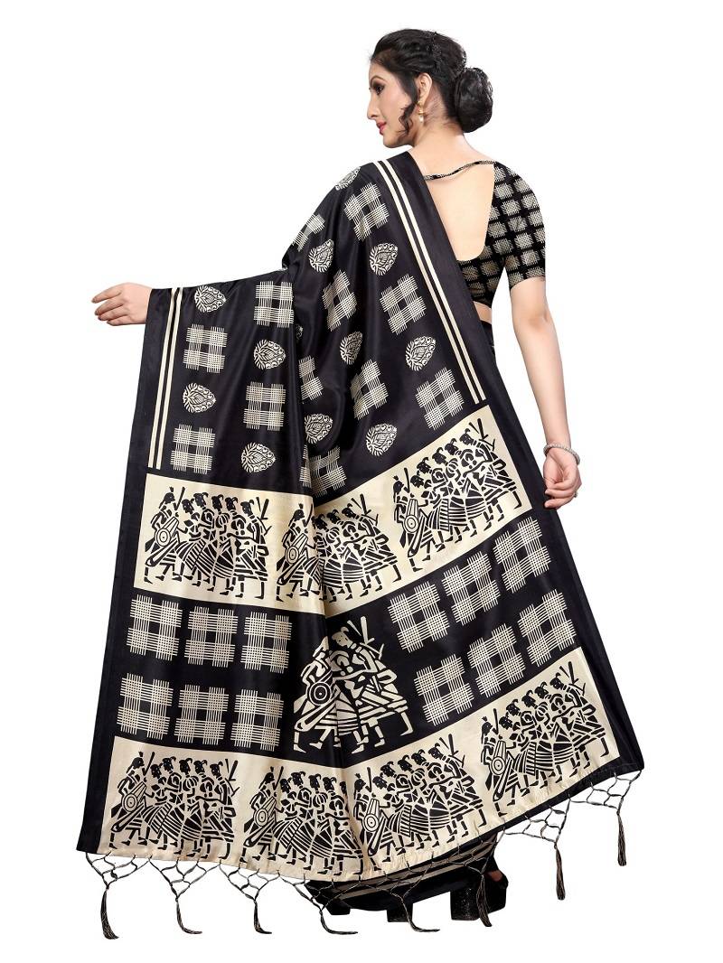 Black Printed Art Silk Saree With Blouse