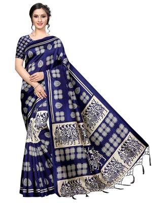 Navy Printed Art Silk Saree With Blouse 1
