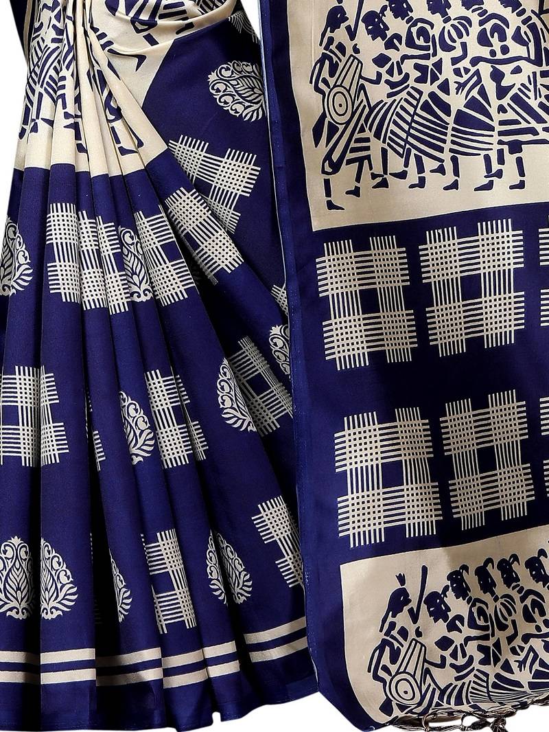 Navy Printed Art Silk Saree With Blouse