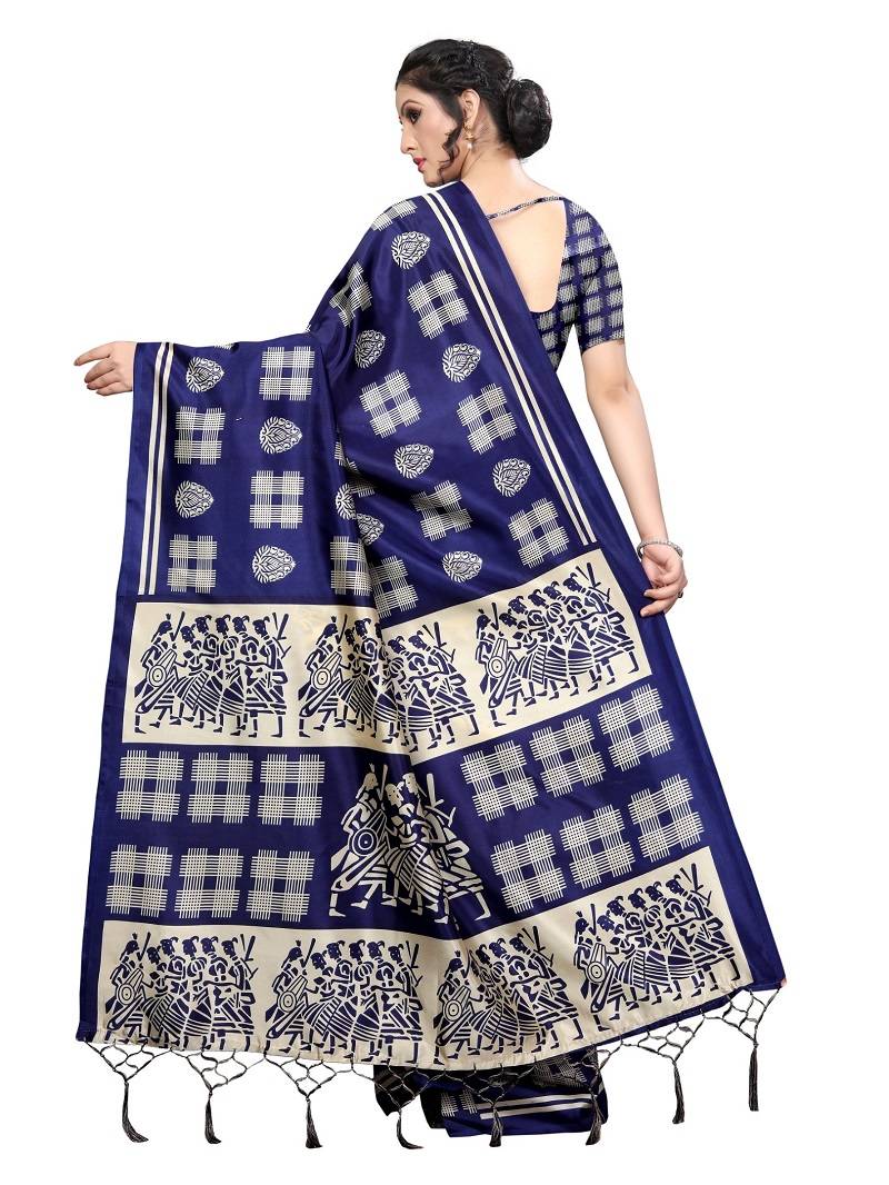 Navy Printed Art Silk Saree With Blouse