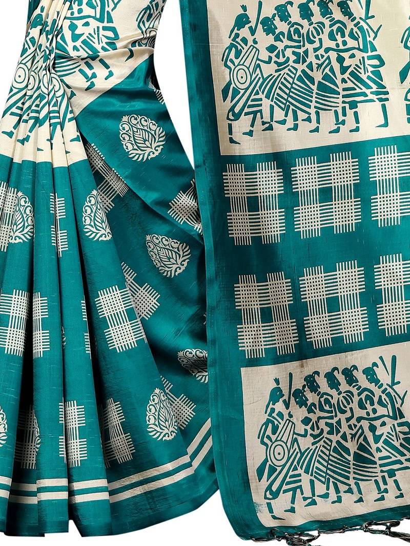 Rama Printed Art Silk Saree With Blouse