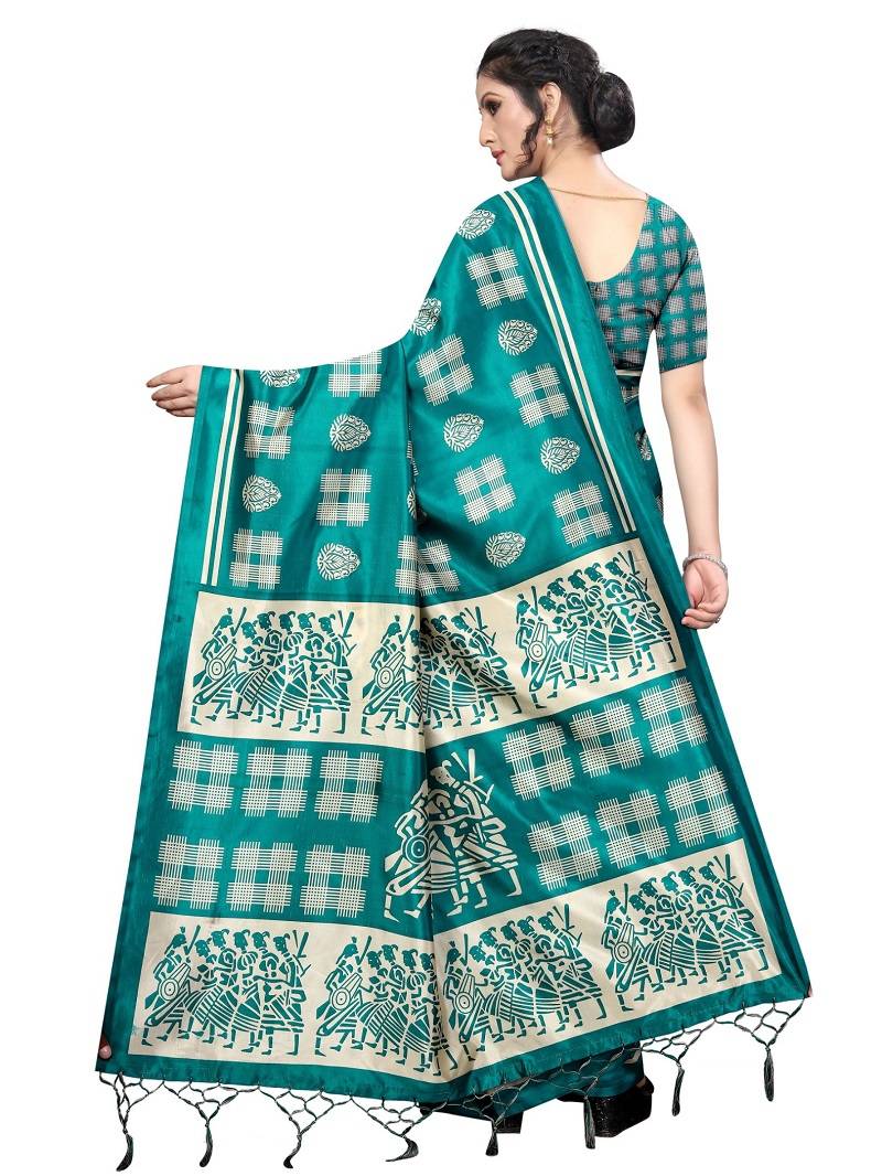 Rama Printed Art Silk Saree With Blouse