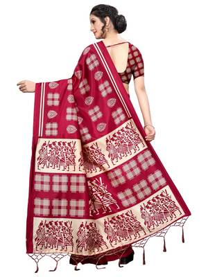 Red Printed Art Silk Saree With Blouse 3