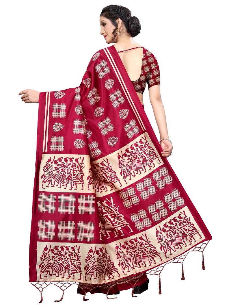 Red Printed Art Silk Saree With Blouse