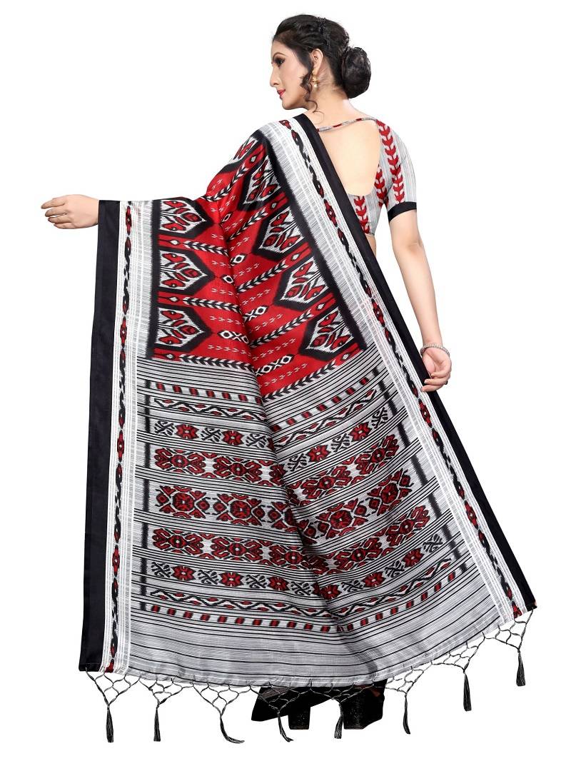 Red Printed Art Silk Saree With Blouse