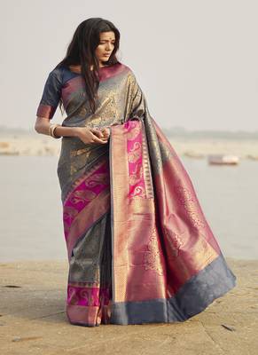 Grey woven silk blend saree with blouse 1