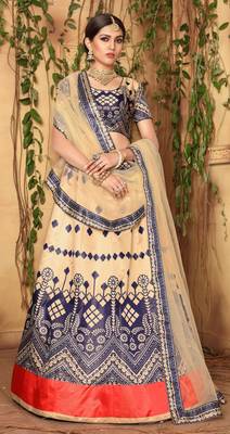 Peach printed satin semi stitched lehenga 2