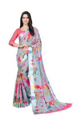 Grey printed cotton silk saree with blouse 1