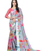 Grey printed cotton silk saree with blouse
