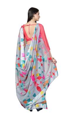 Grey printed cotton silk saree with blouse 2