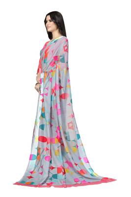 Grey printed cotton silk saree with blouse 3